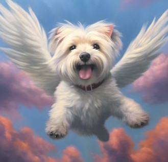 A happy small dog with wings, flying in a colorful sky. 